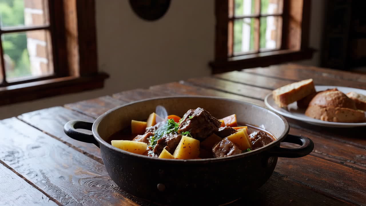 A hot steaming pot of hearty beef stew with vegetables on a rustic wooden table