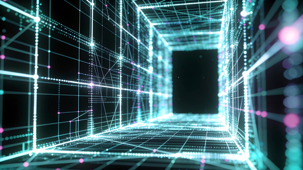 Frame advance moving camera through cyan grid tunnel, exposing right-side magenta node stream