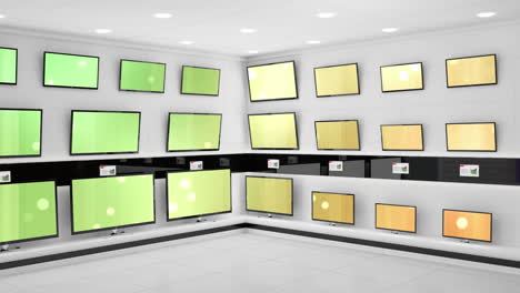 animation of rows of television sets in store with glowing screens with copy space