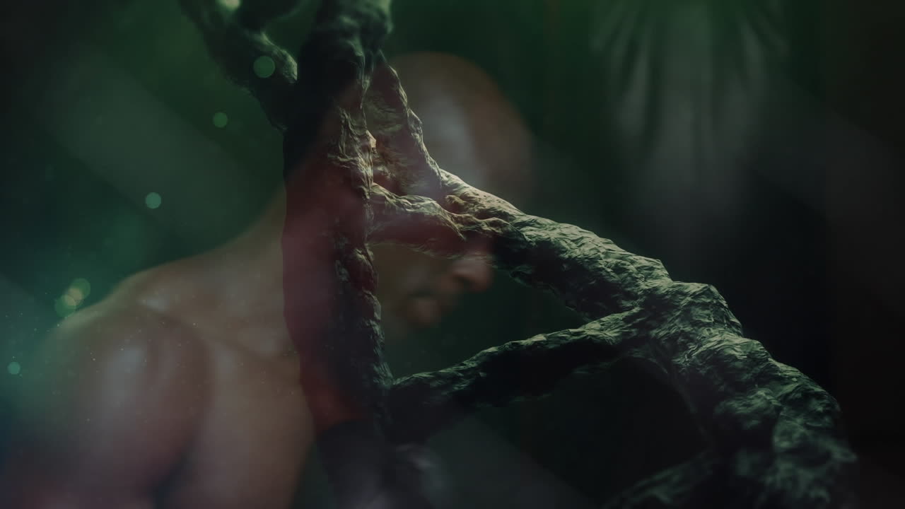 animación de la cadena de adn sobre un boxeador masculino musculoso en el gimnasio