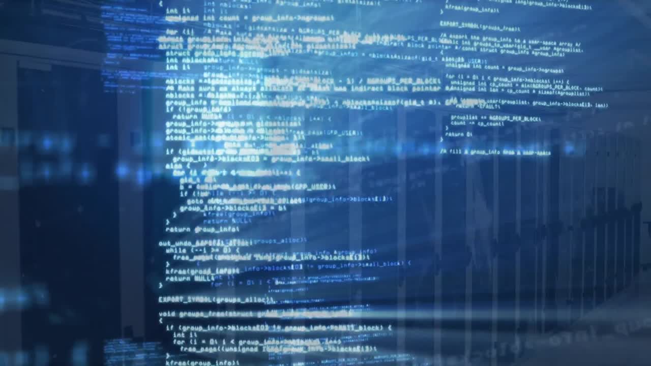 Animation of illuminated computer language against server room in background