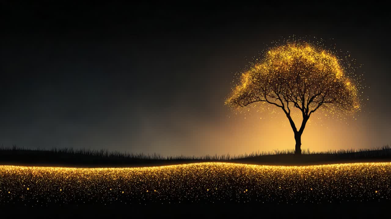 A Glowing Tree in a Mystical Landscape: Enchanting Lights and Silhouettes Illuminate the Night, Capturing the Essence of Natural Beauty and Serenity