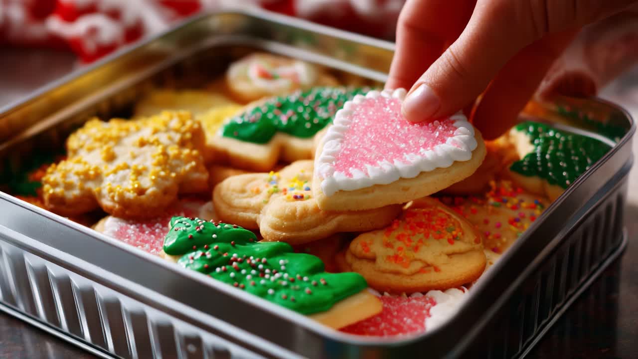 A Colorful Display of Festive Cookies Garnished with Icing and Sprinkles, Perfectly Arranged in a Tin for Holiday Celebrations, Evoking Cheer and Joy in Every Bite