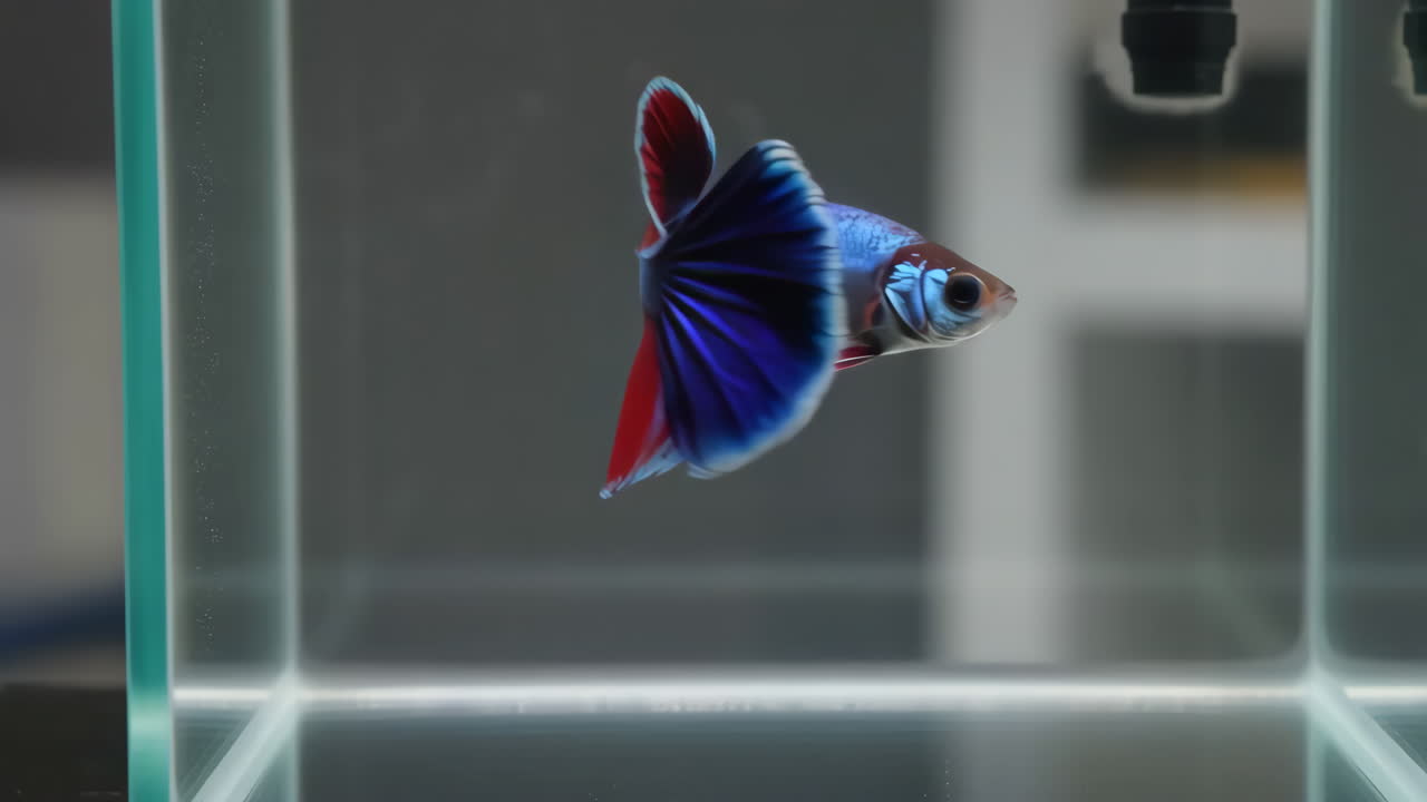 A vibrant blue and red Betta fish swimming in an aquarium