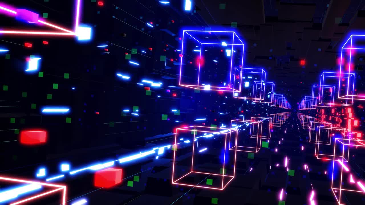 sf 모션 그래픽: 네온 빛으로 디지털 기술 터널로 날아가는 것, 하이테크 정보 흐름, 블록체인 또는 3d 빅 데이터 디지털 터널의 개념, 3d 루프 모션 디자인