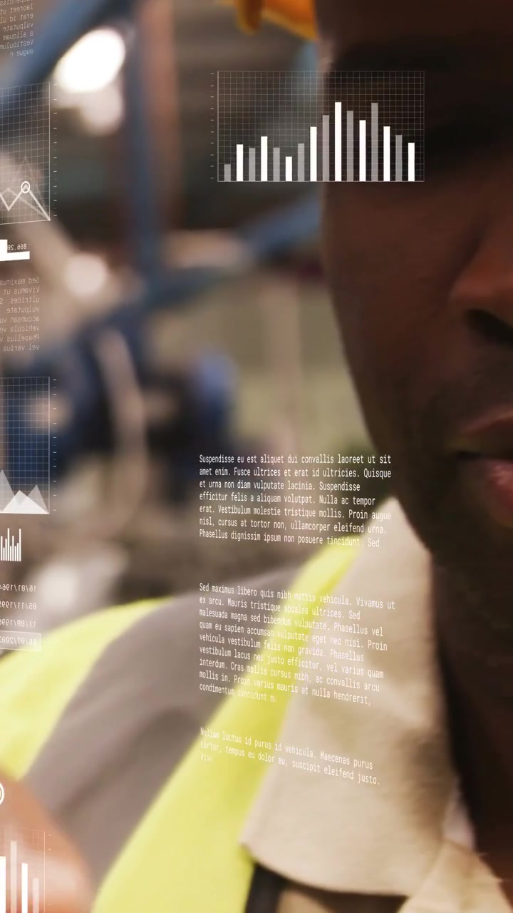 Vertical video: Hand swiping HUD, causing chart highlight camera closing on plant tech viewing KPIs
