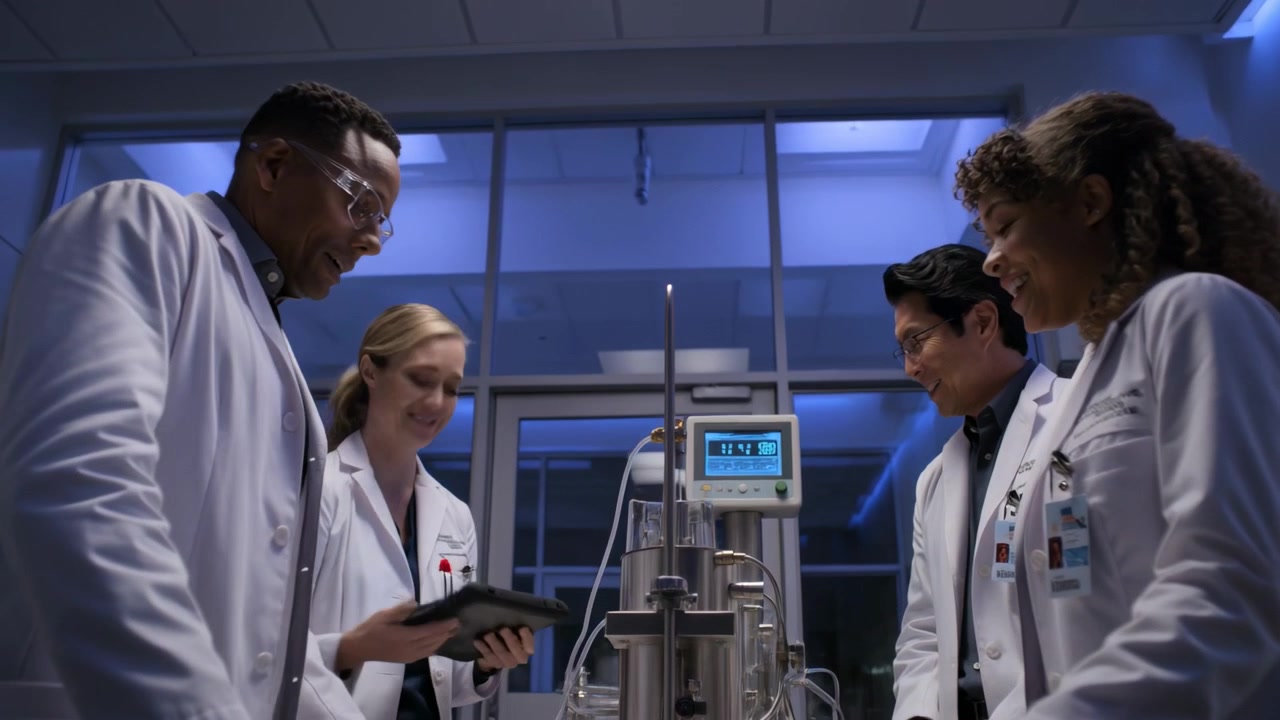 Leaning researchers in labcoats monitoring device display in lab after readout, confirming success
