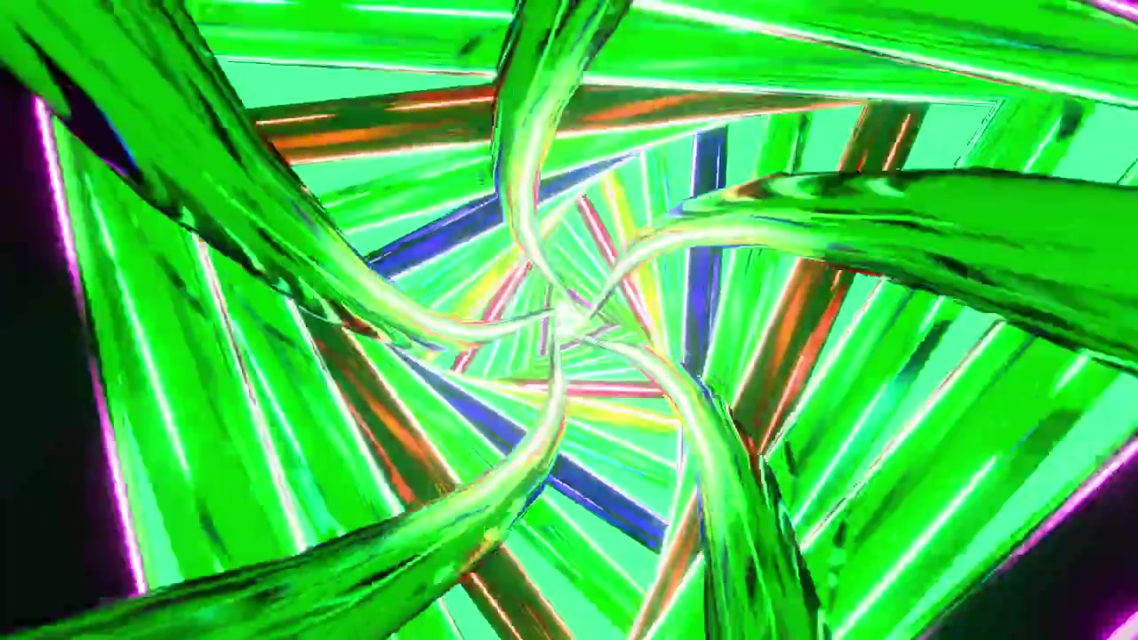 Animação em loop contínuo viajando por um túnel triangular geométrico brilhando com luzes néon verdes e roxas. 3D