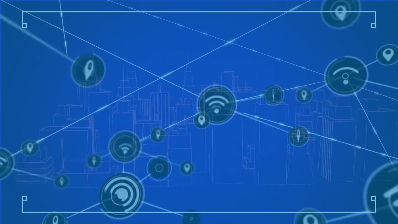 Animation of network of connections over digital city on blue background