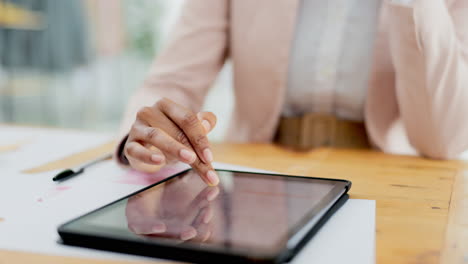 Business,-tablet-and-hands-of-black-woman-on-desk