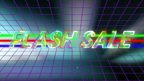 colorful neon animation of flash sale text over retro grid background