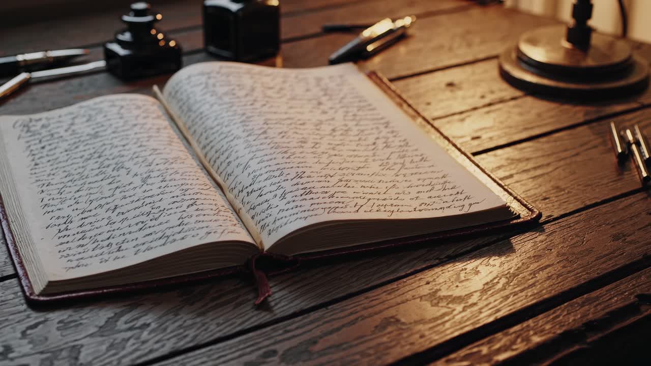 A vintage-style video shot from a low angle captures an open journal with handwritten notes