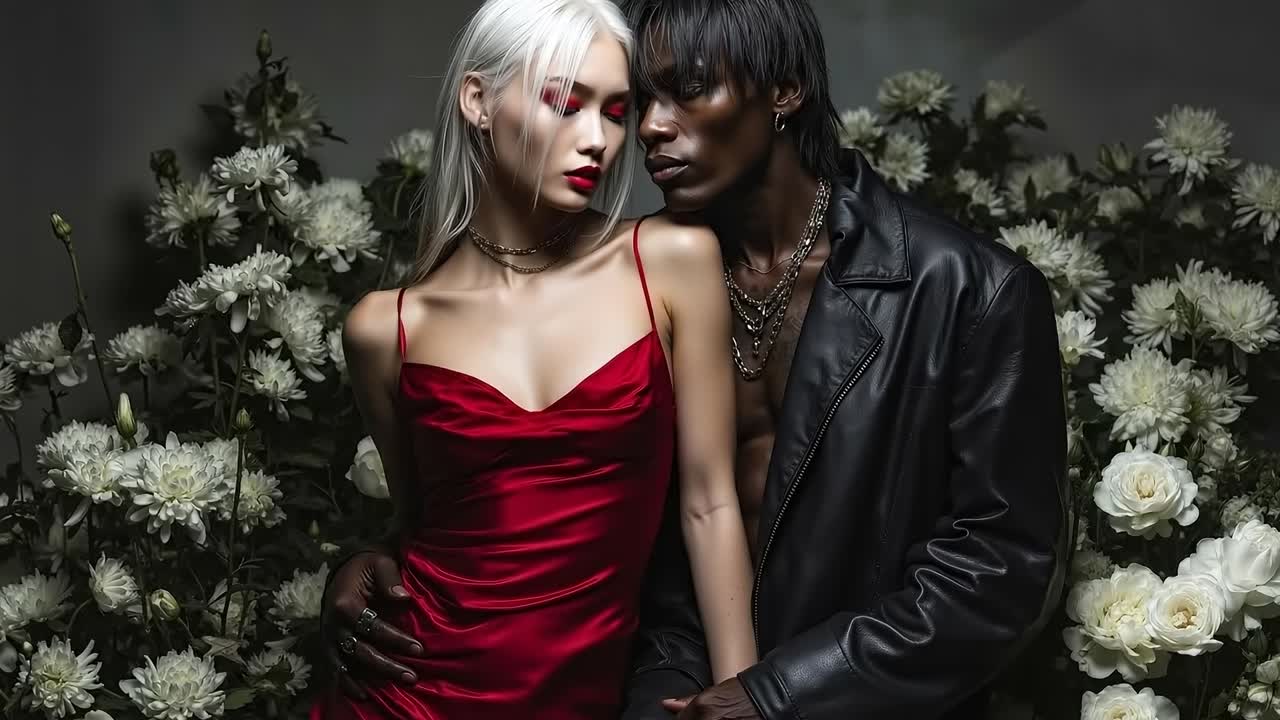 A man and a woman standing next to each other in front of flowers