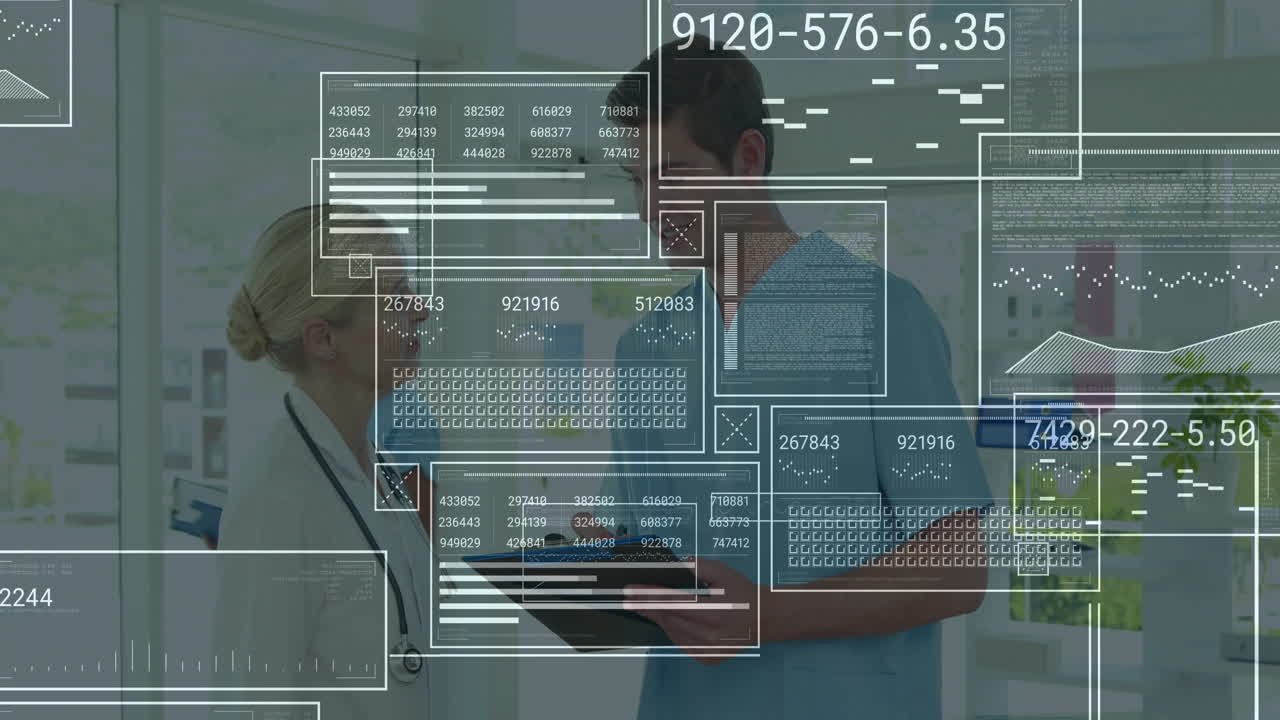 male nurse and female doctor discussing health metrics on tablet in clinic, showing data panels