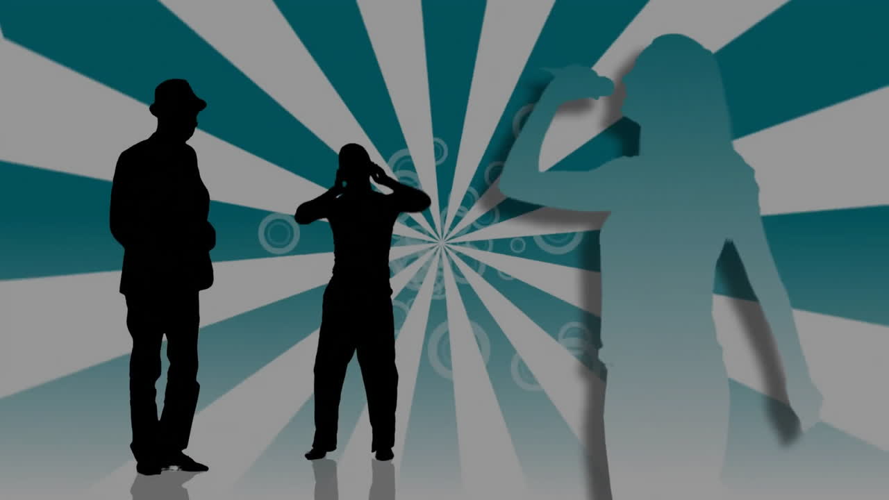 Silhouettes of people dancing over radial burst animation background