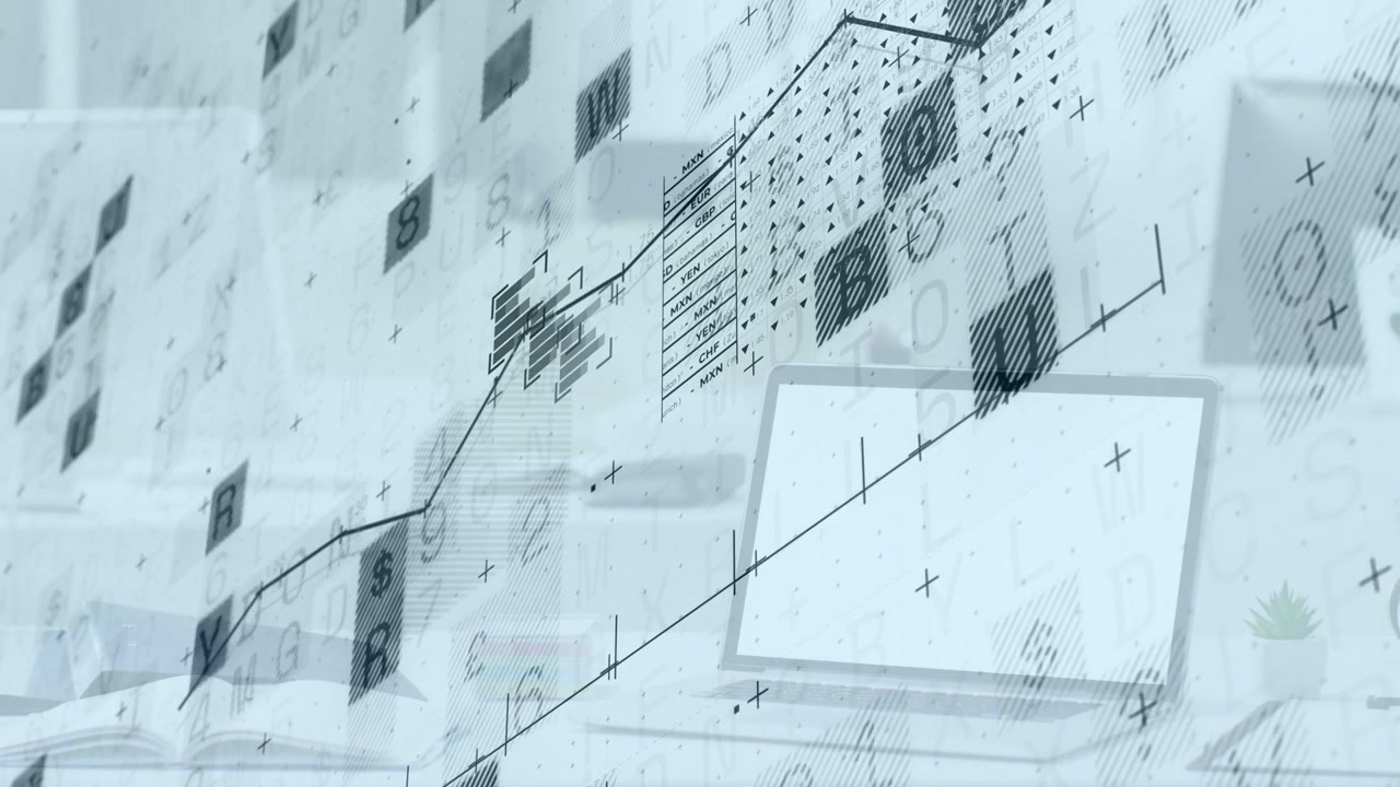 Data feed starting, overlay over laptop animating jagged line rising, tiles drifting showing growth