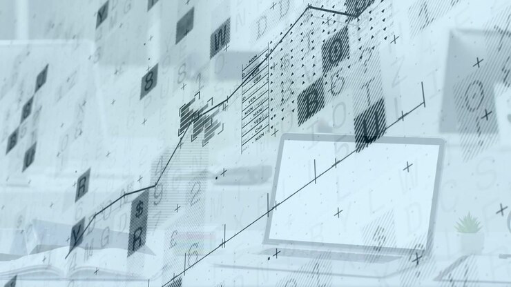 Data feed starting, overlay over laptop animating jagged line rising, tiles drifting showing growth