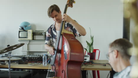 musicians performing with a double bass in a room