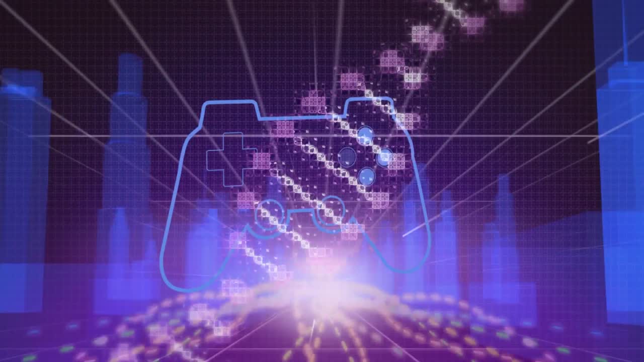 Animation of gamepad icon with dna strand over digital city on black background