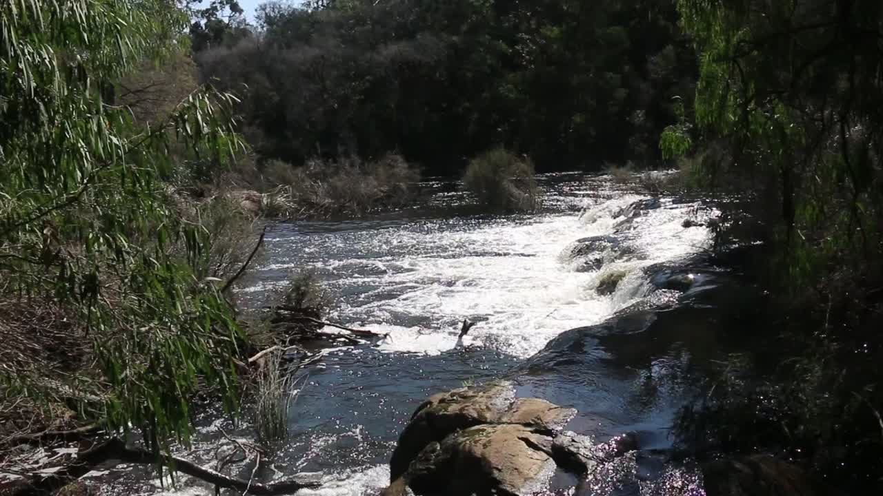 Esplora la serena bellezza della cascata Kevil Road a Margaret River. Affascinante vista grandangolare cattura acque impetuose e vegetazione lussureggiante sotto la luce naturale del sole. Nessuna persona visibile.