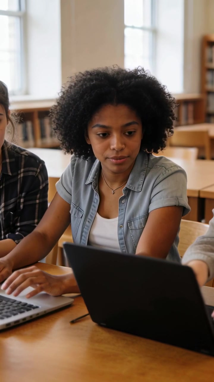 Vertical video: Pointing left peer, center in denim typing on laptop at library for group work