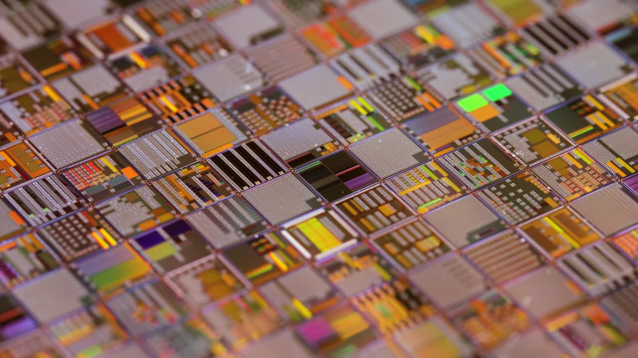 실리콘 반도체 웨이퍼 클로즈업. 전자공학에서, 웨이퍼는 슬라이스 또는 서브스트레이트라고도 불리며, 집적 회로의 제조에 사용되는 반도체, 결정성 실리콘의  ⁇ 은 슬라이스입니다.