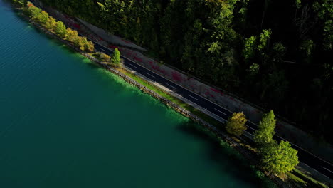 Eine-Luftaufnahme-Einer-Geteerten-Straße-An-Einem-Grünen-Wald-In-Der-Nähe-Des-Sees-In-Österreich