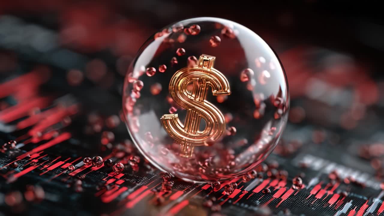 En slående visualisering av valuta inuti en transparent sfär, omgiven av flytande bubblor mot en mörk, texturerad bakgrund som representerar marknadstrender.