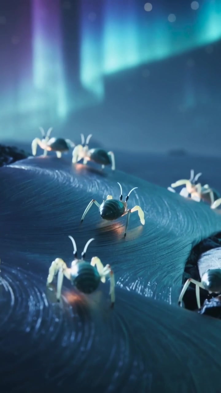 Vertikal video: Kamera bevæger sig fremad og afslører glødende krabber, der kravler på en kruset kystlinje, med nordlys i baggrunden.