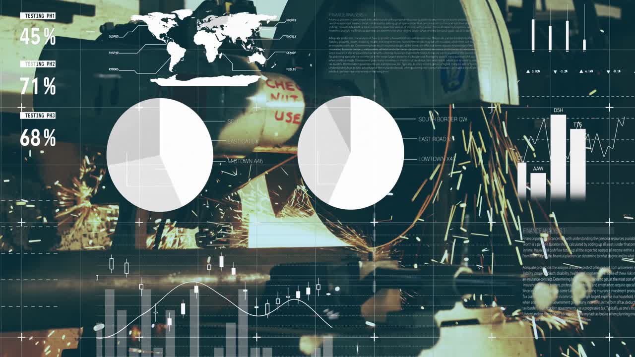 스크 야드에서 절단 블레이드에서 나오는 불꽃에 대한 숫자를 가진 인포그래픽 인터페이스의 애니메이션