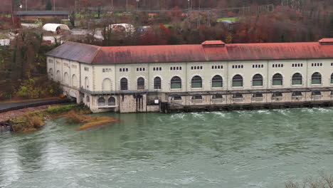 hydro powerhouse beznau on the aare river switzerland, drone truck 4k