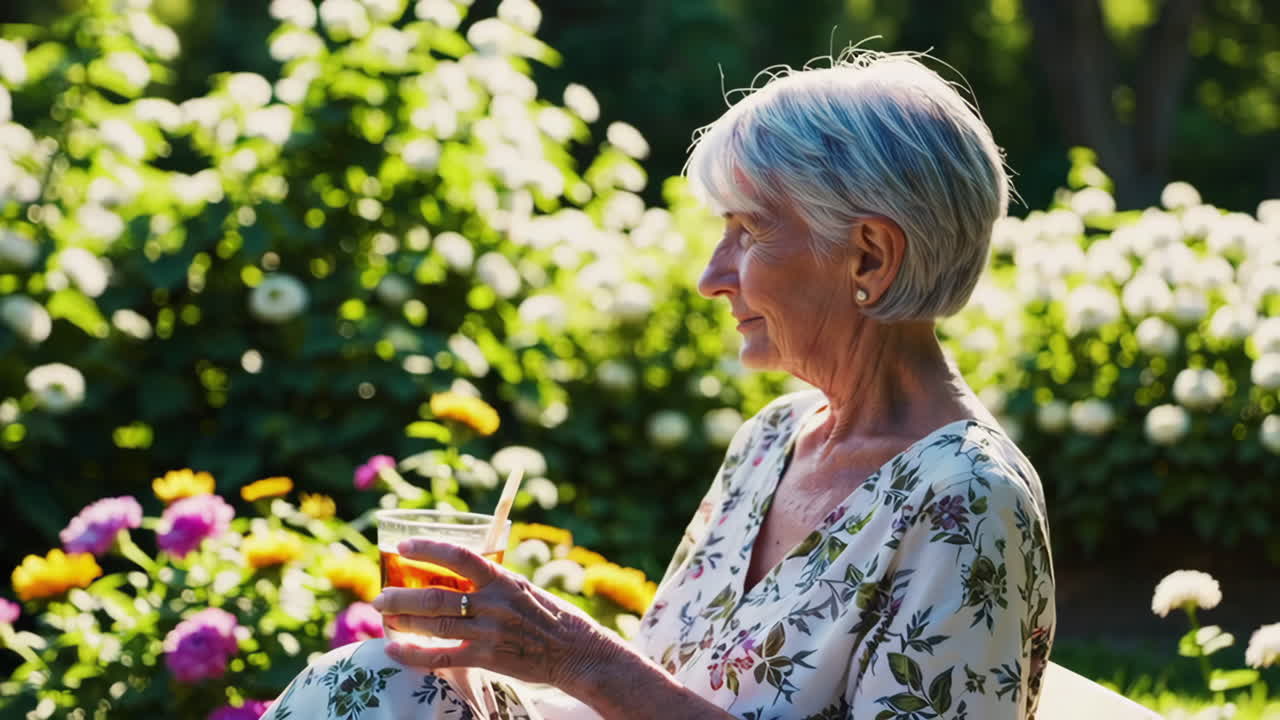 Elderly Woman Enjoying a Relaxing Day in a Blooming Garden