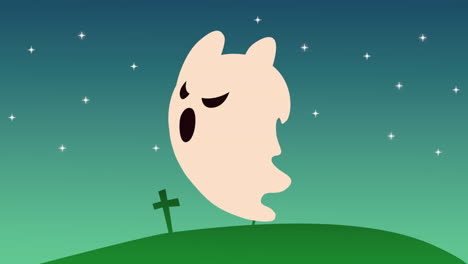 happy halloween animation with ghost in cemetery