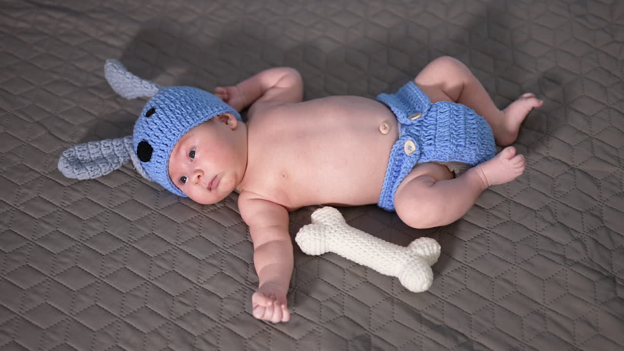 Funny costume of a puppy put on a small baby. Soft toy bone beside the child. Sweet little boy on a grey backdrop.