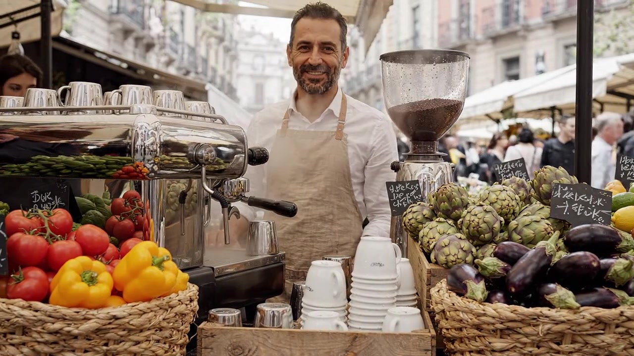 Scena vivace di mercato con un barista sorridente tra frutta e verdura fresca e colorata e attrezzature per il caffè in un vivace ambiente urbano.