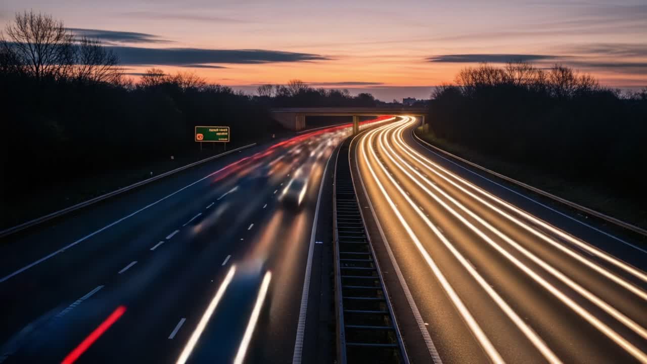 Dynamic Nighttime Traffic Flow on a Busy Highway with Long Exposure Effects Showcasing Light Trails from Cars under a Dusk Sky