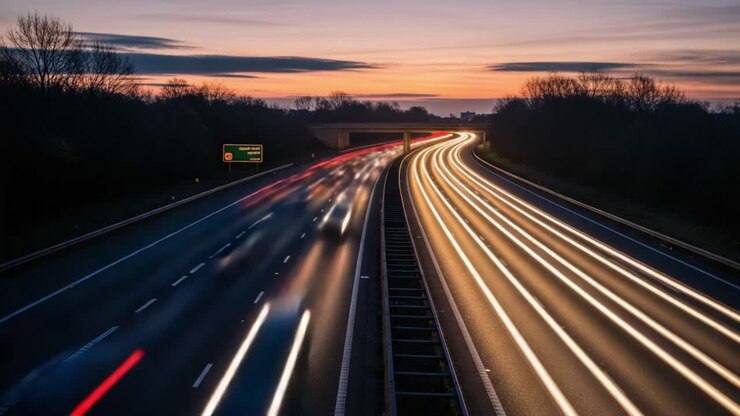 Dynamic Nighttime Traffic Flow on a Busy Highway with Long Exposure Effects Showcasing Light Trails from Cars under a Dusk Sky