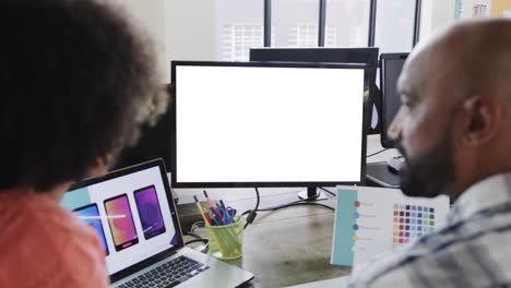 African-american-business-people-on-video-call-with-blank-screen