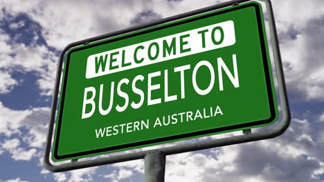 Bienvenido-A-Busselton,-Australia-Occidental,-Señal-De-Tráfico-De-La-Ciudad,-Animación-Realista-En-3D