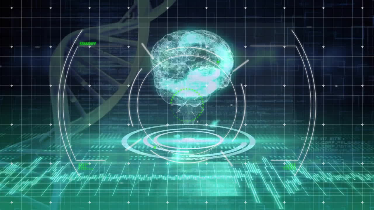 Animation of dna strand, brain and digital data processing over dark background