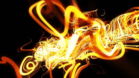 flow of particles forms curled yellow lines like glow light trails, lines form swirling pattern like curle noise. abstract 3d animation as bright creative festive background. fast lines of light