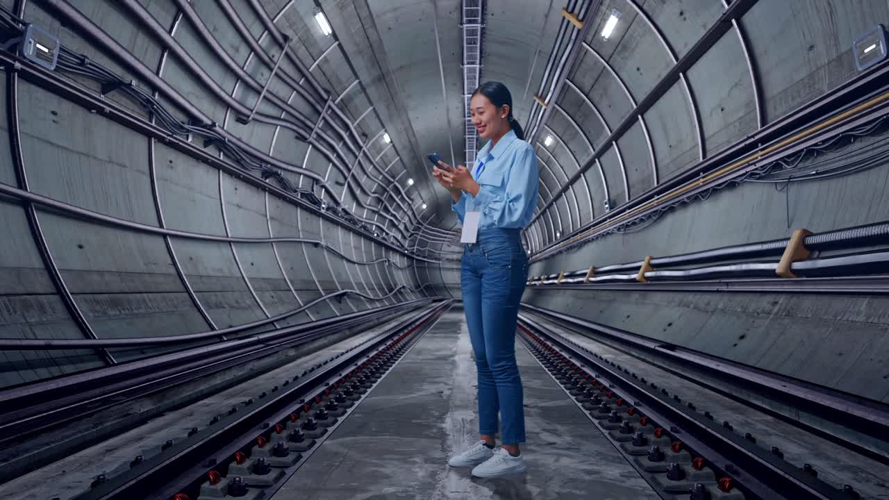Full Body Side View Of Asian Female With Her Phone In Underground Subway Tunnel, Working Continuously With Her Phone