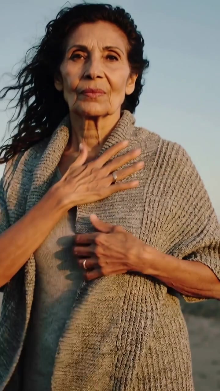 Video vertical: Mujer caminando abrochándose lentamente un cárdigan de punto en una playa al atardecer mientras la brisa mueve su cabello.