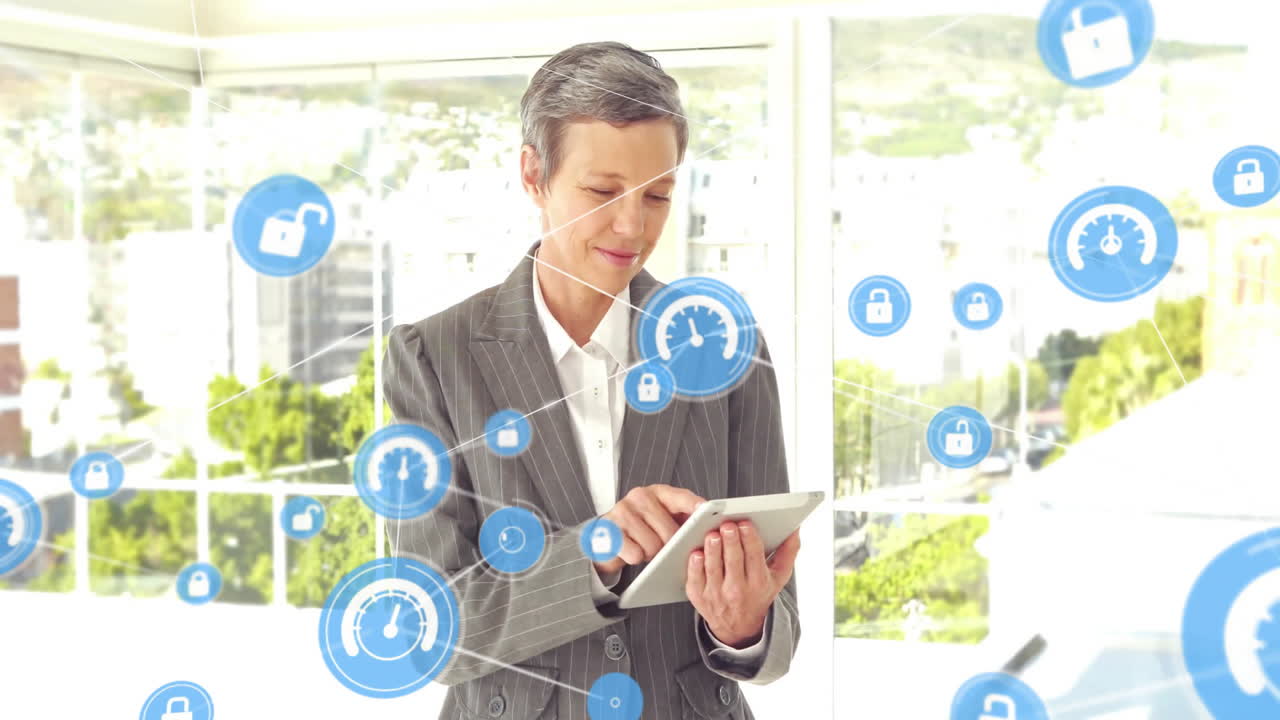 animación de la red de iconos de datos sobre feliz mujer de negocios caucásica casual usando tabket al aire libre