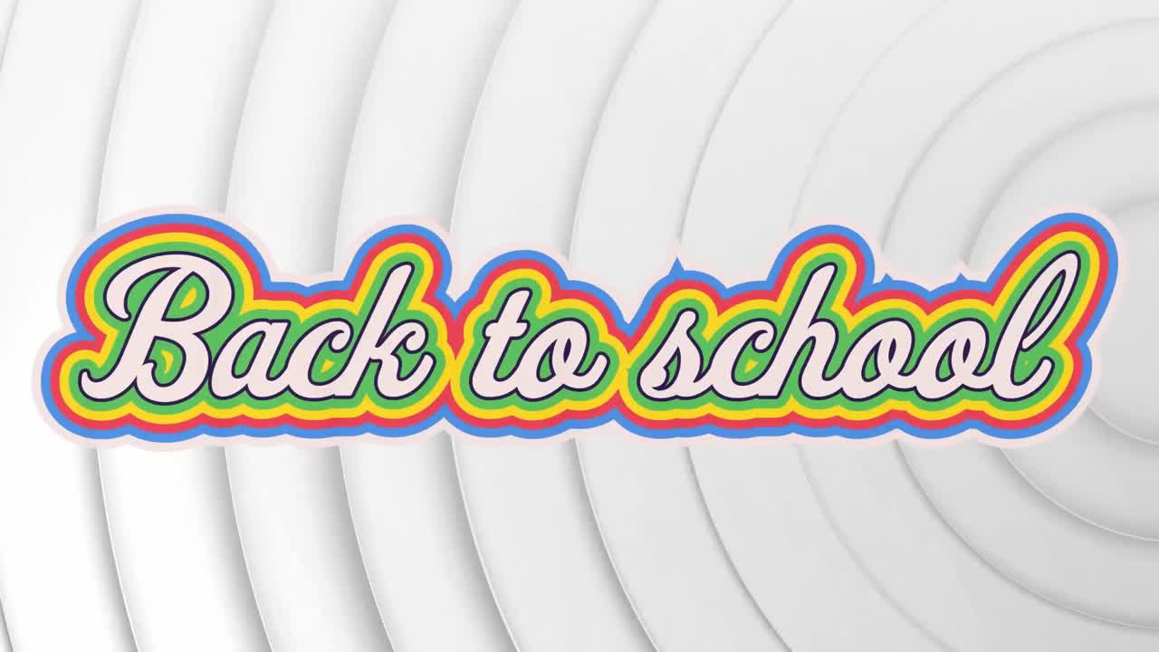 백색 배경에 동심 원 위에 학교로 돌아가는 텍스트 배너의 애니메이션