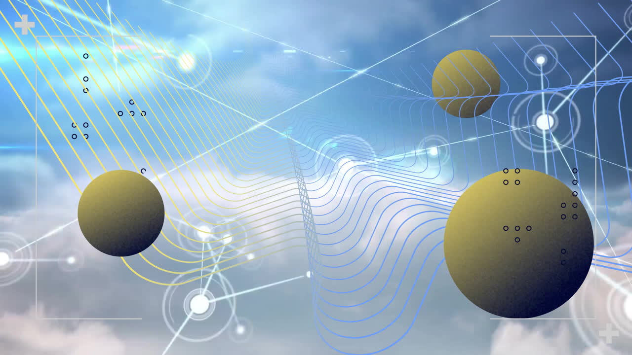 Animation with abstract lines and spheres over clouds in digital network theme