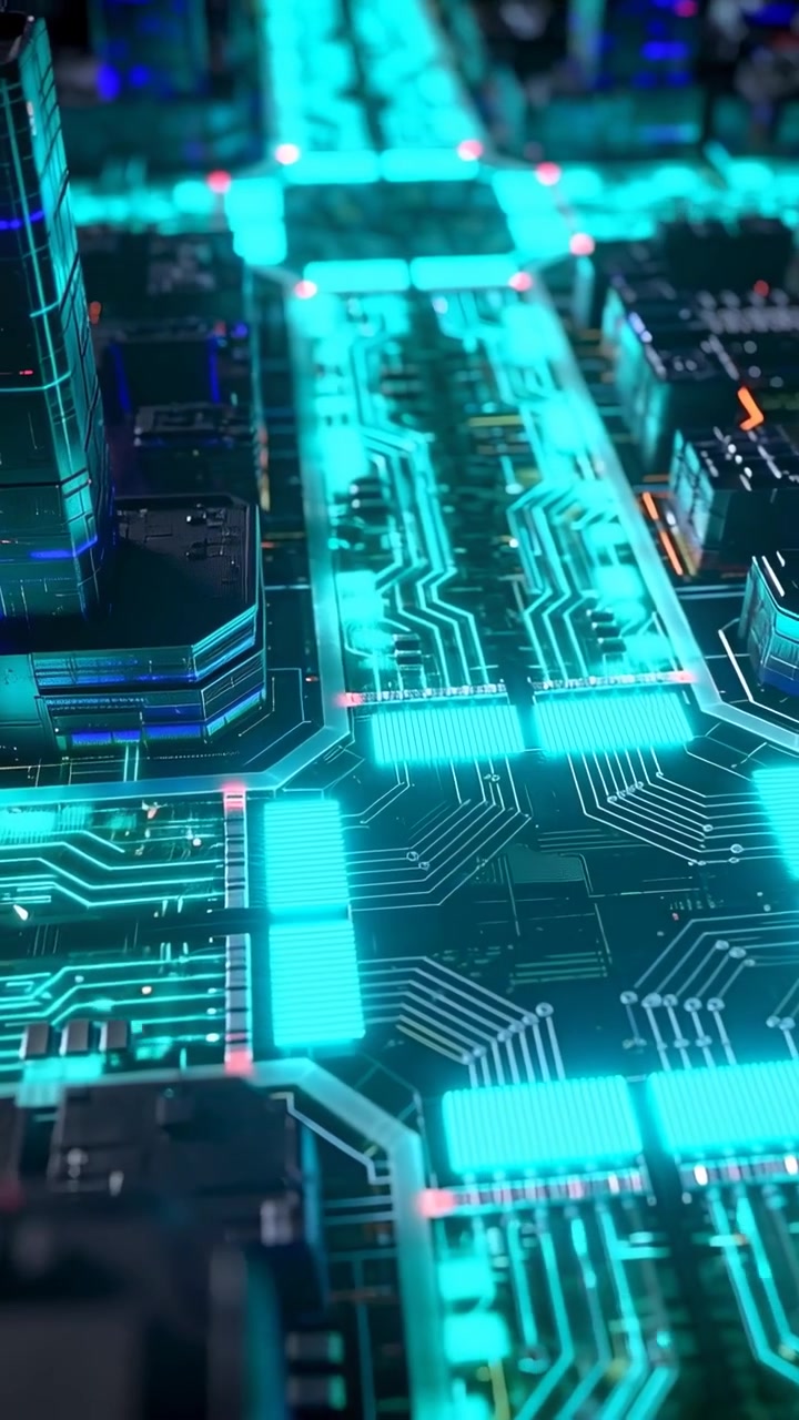 Vertical video: Pulsing signals moving along neon PCB traces and tower showing flow via pink nodes