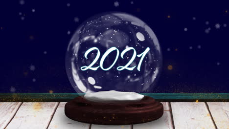 animación de 2021 en globo de nieve en tablas de madera, estrella fugaz y nieve cayendo