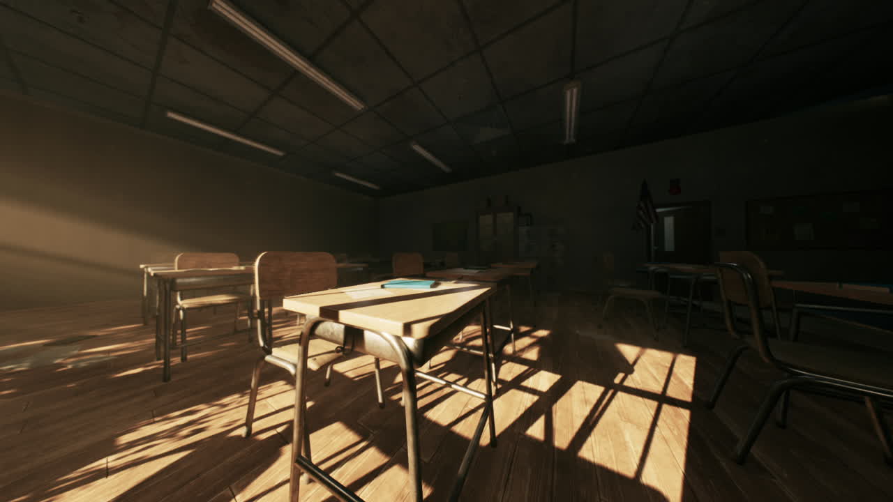 Abandoned school classroom bathed in sunlight with empty desks and chairs