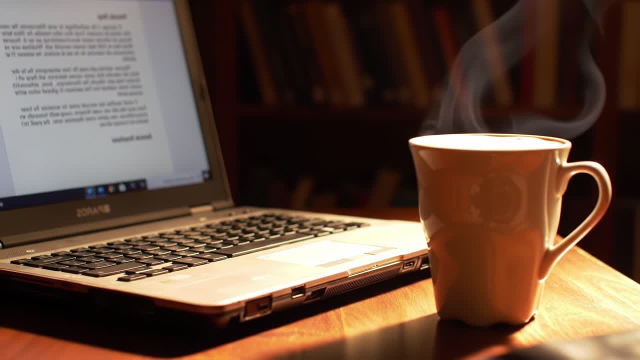 A Tranquil Morning Scene Featuring a Laptop and a Steaming Coffee Cup on a Wooden Table, Perfect for Work or Relaxation